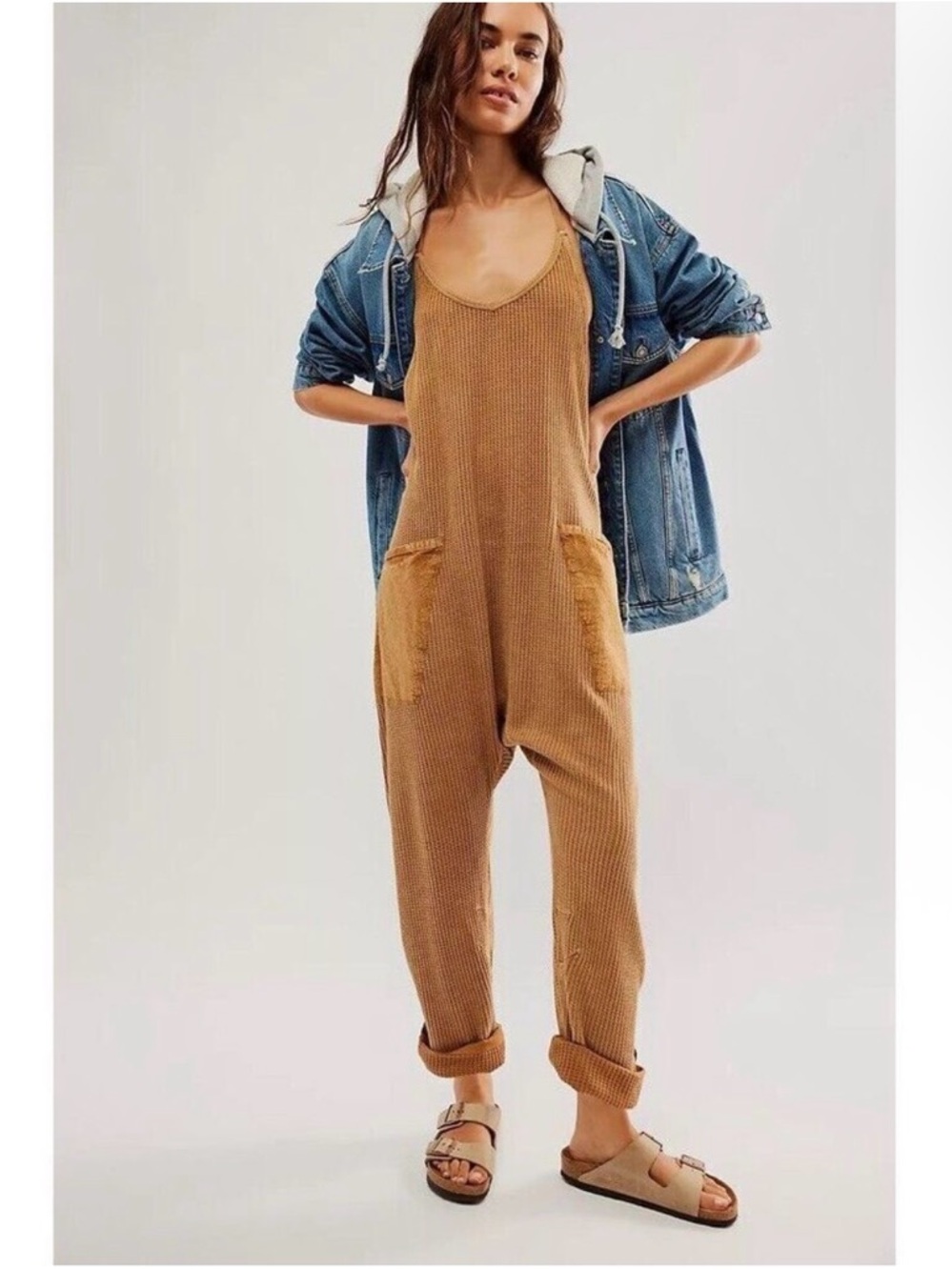 Free People FP One Frankie Jumpsuit Rubber Mustard Waffle Knit Medium M